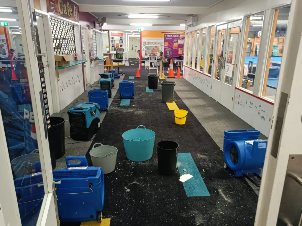 Large commercial property in Geelong undergoing flood restoration with professional water extraction and structural drying equipment
